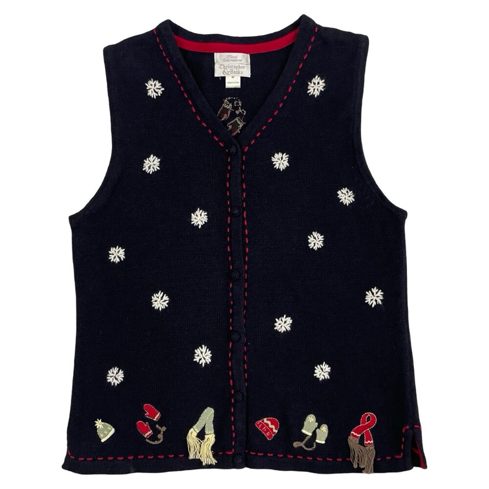 Vintage Snowflake Sweater Vest V Neck Button Knit Vest Winter Theme Size Medium